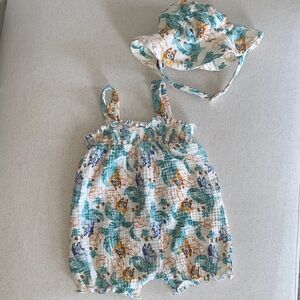 Summer Baby Romper with Sun Hat - Teal & Cream 18 Months